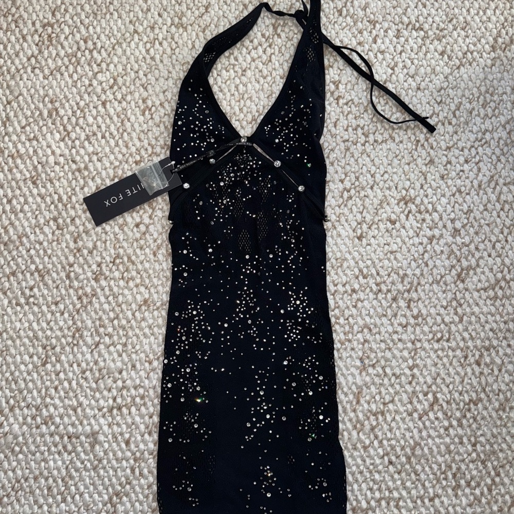 White Fox Black Halter Dress with Silver Accents